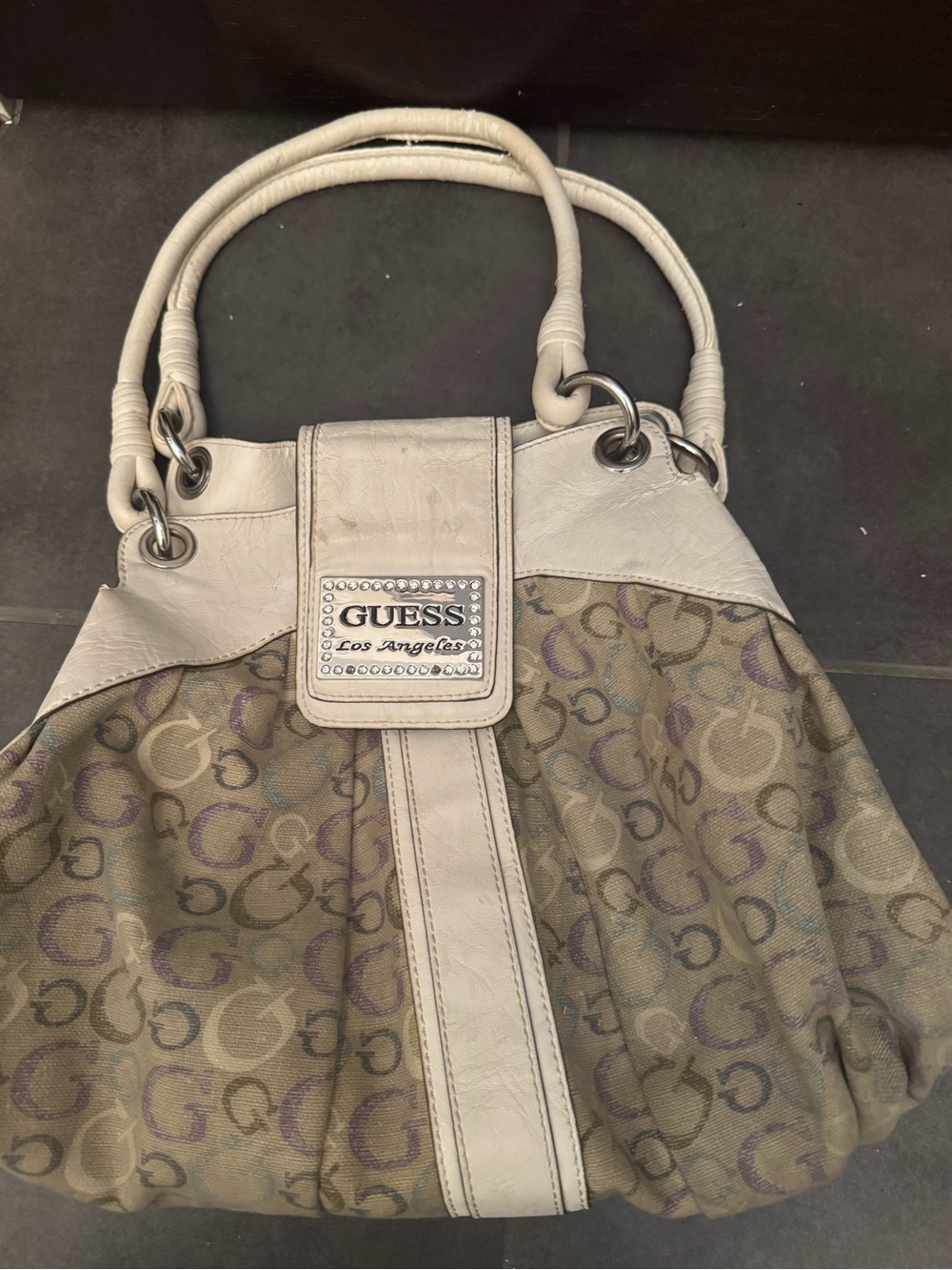 GUESS Logo Canvas Shoulder Bag in White and Beige with Purple Accents
